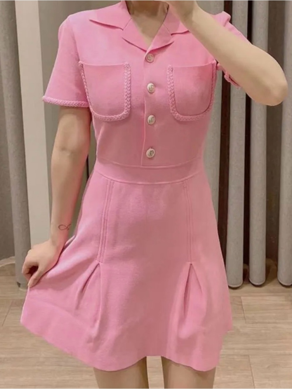 Maje Pink Short-Sleeve Braided Pocket Mini Dress